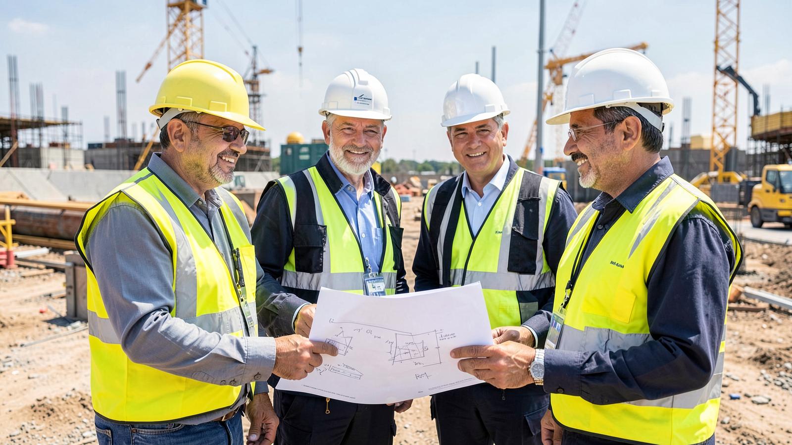Equipo de ingeniería de SJT Contratistas revisando planos en obra